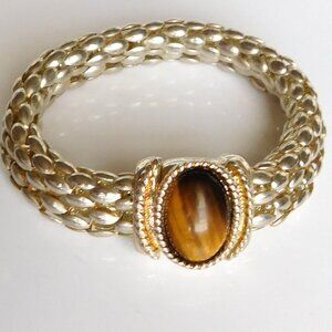 Silverplated Rice Bead Strand Magnetic Clasp Tiger Eye Cabochon 8"